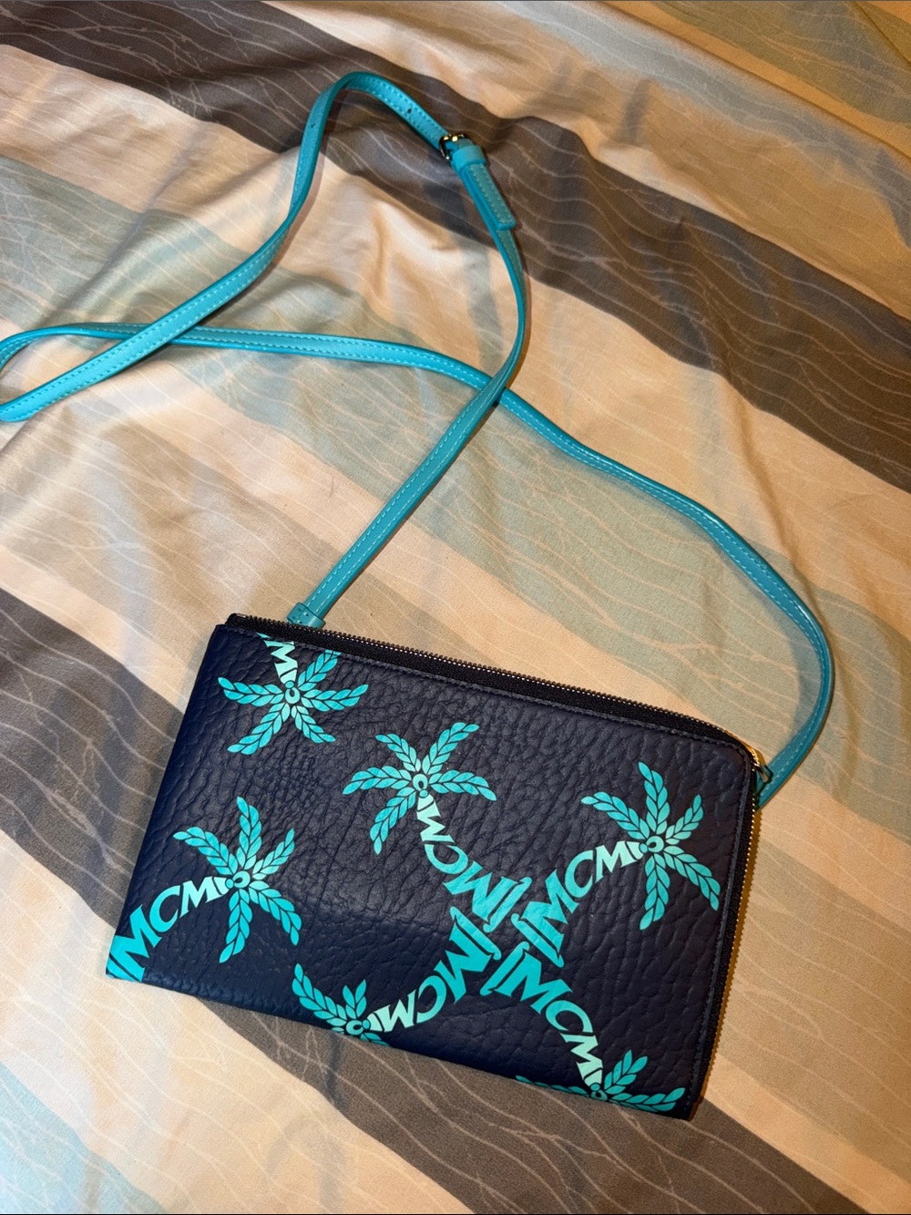 MCM Navy and Turquoise Palm Logo Crossbody Bag